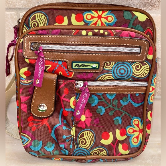Lily Bloom Purse Vivid Colors on Brown Background Multi Pockets - Picture 1 of 8